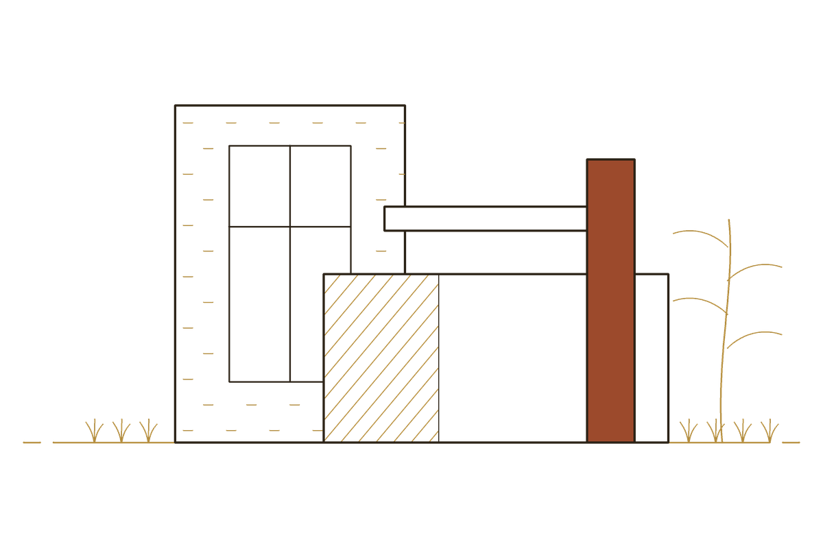 Line drawing: crossing wall planes, a tall cross-framed window and a wild garden