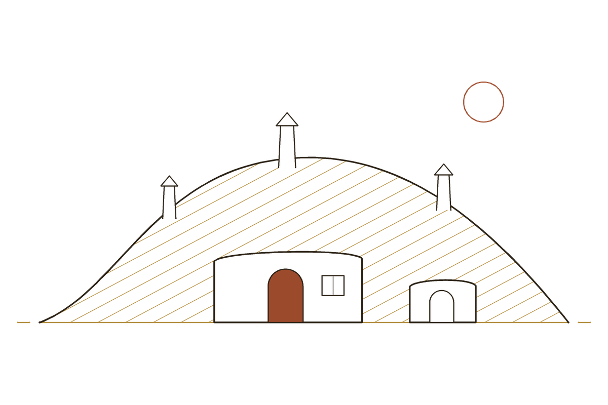 Line drawing: cave homes set into a clay hill, white chimneys on top