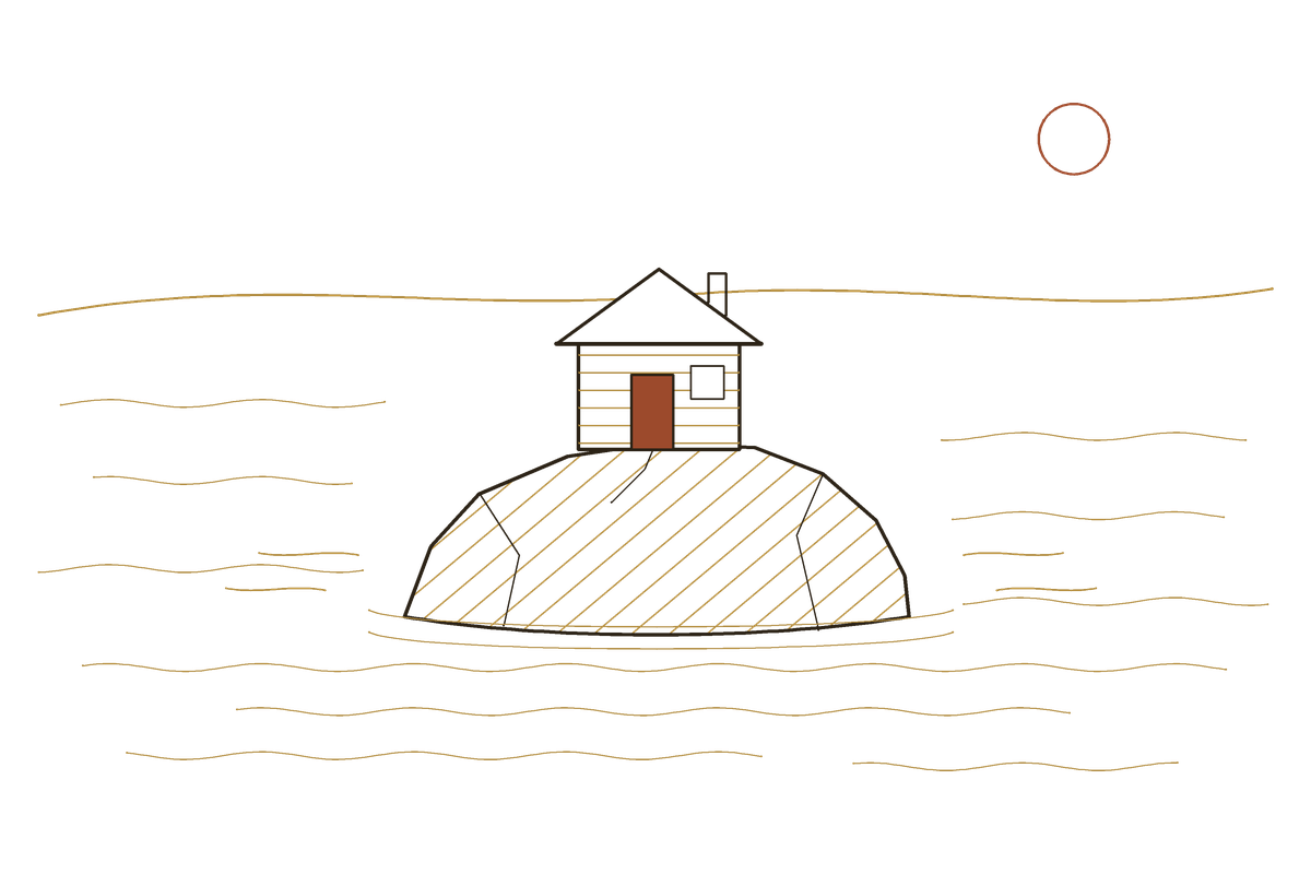 Line drawing: a small wooden cabin on a rock in the middle of a river