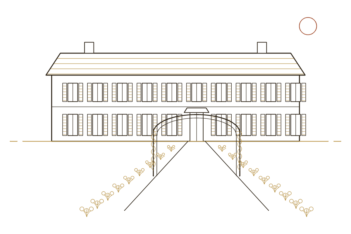 Line drawing: a long two-storey house with shuttered windows, a garden path and an arbor
