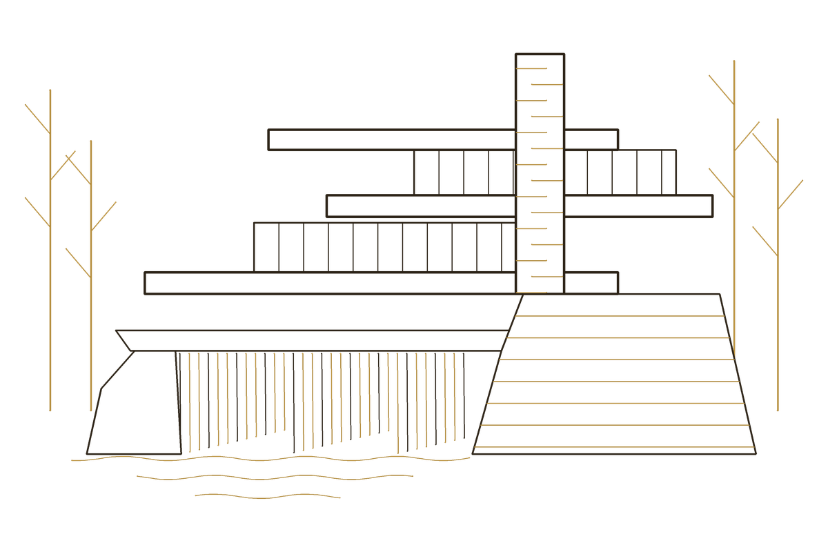 Line drawing: a house of cantilevered terraces above a waterfall
