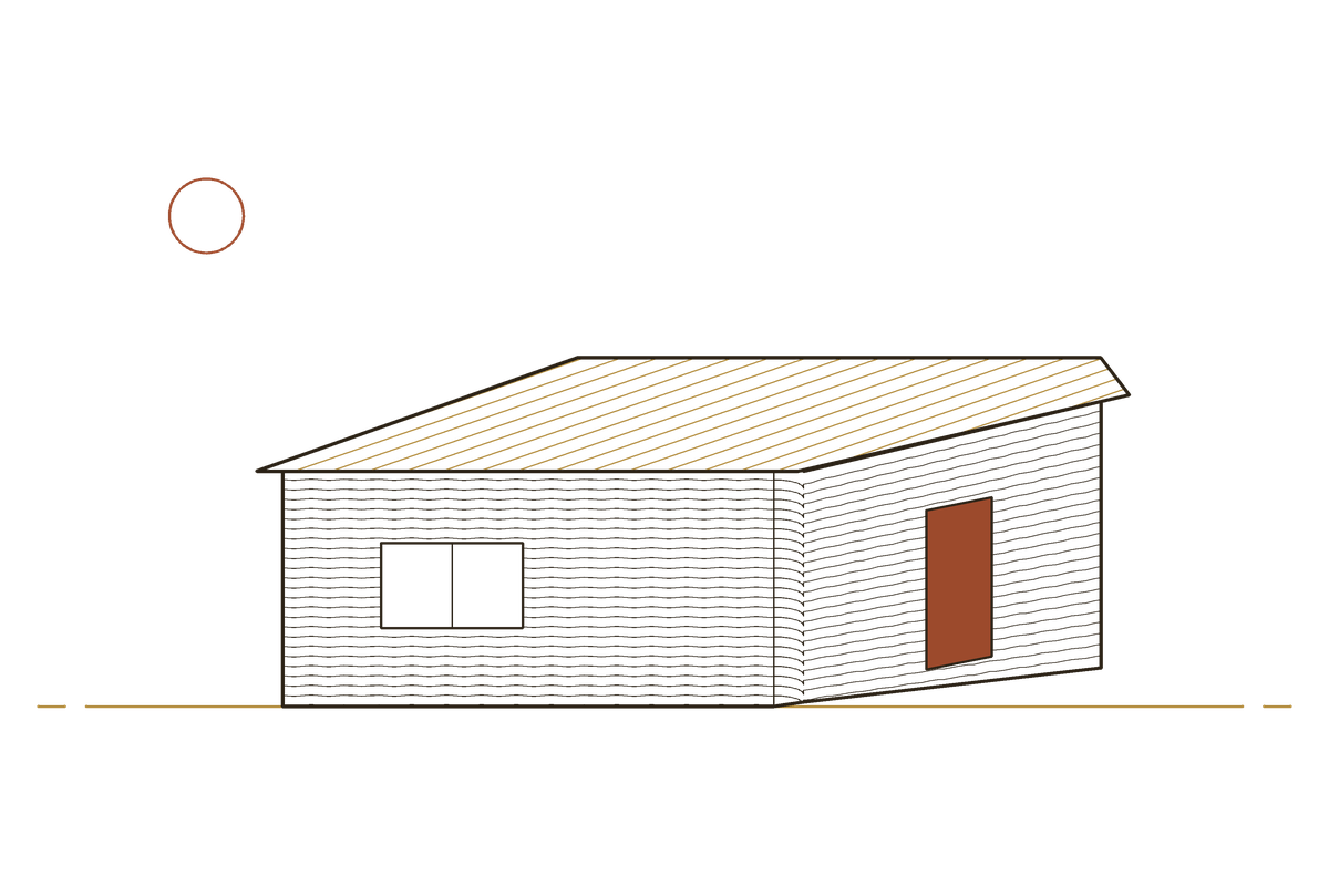 Line drawing: a house with layered, printed concrete walls and a metal roof