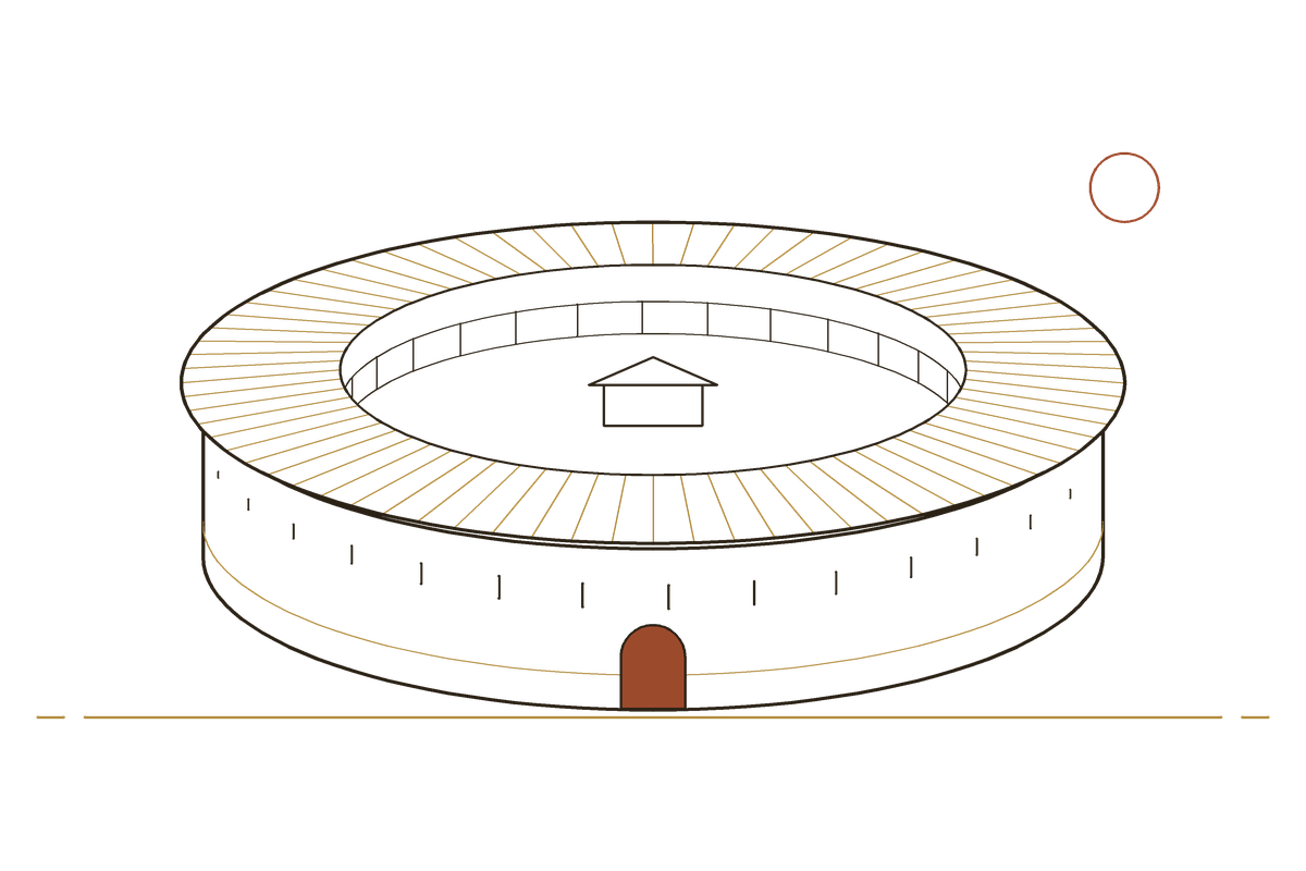 Line drawing: a round earthen tulou around an open courtyard