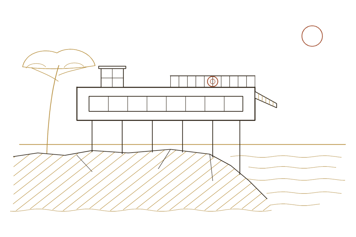 Line drawing: a long white villa on slender columns above the rocks and the sea